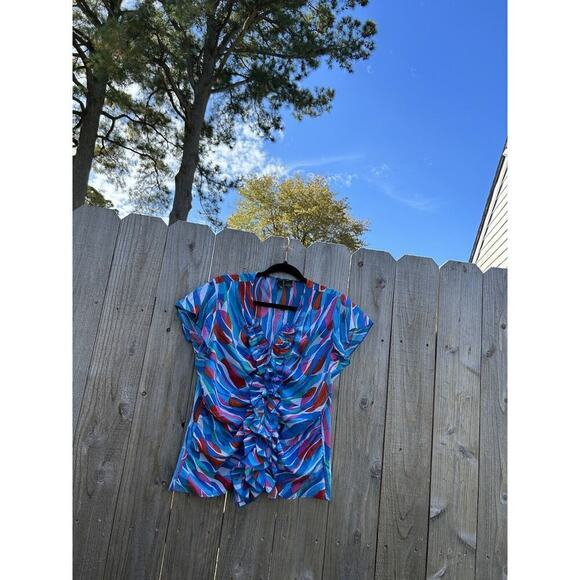 Sere Nade NY Woman Blouse Blue White Ruffled Large Button Down Blue Women's Work - Picture 2 of 7